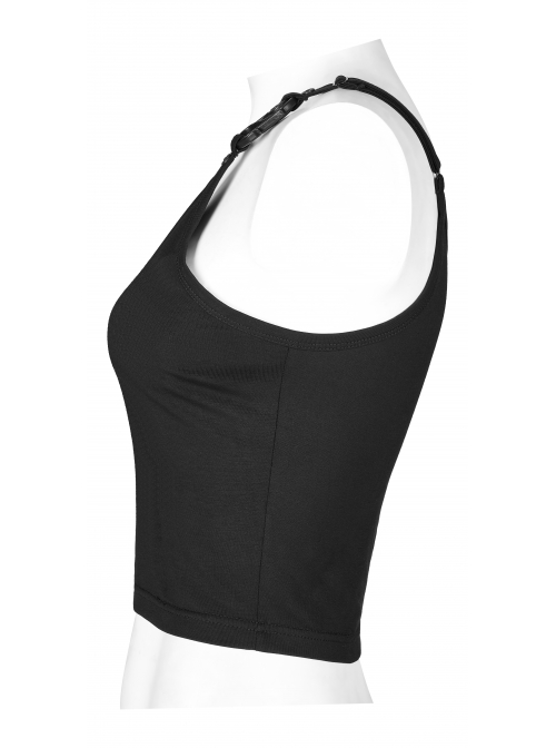 Punk Dark Stretch Knit Personality Asymmetric Sloping Shoulders  S-Shaped Rubber Buckle Decoration Black Crop Top