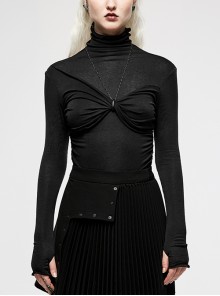 Punk Elasticity Soft Modal Cotton Pleated Asymmetric Butterfly Design Chain Buckle Black Long Sleeve T-Shirt