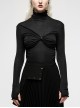 Punk Elasticity Soft Modal Cotton Pleated Asymmetric Butterfly Design Chain Buckle Black Long Sleeve T-Shirt