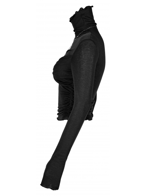 Punk Elasticity Soft Modal Cotton Pleated Asymmetric Butterfly Design Chain Buckle Black Long Sleeve T-Shirt