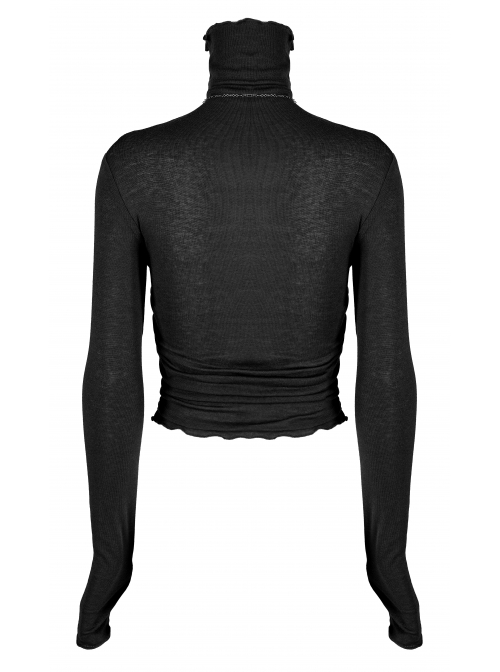 Punk Elasticity Soft Modal Cotton Pleated Asymmetric Butterfly Design Chain Buckle Black Long Sleeve T-Shirt