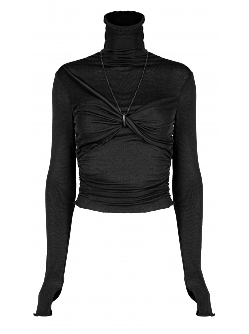 Punk Elasticity Soft Modal Cotton Pleated Asymmetric Butterfly Design Chain Buckle Black Long Sleeve T-Shirt