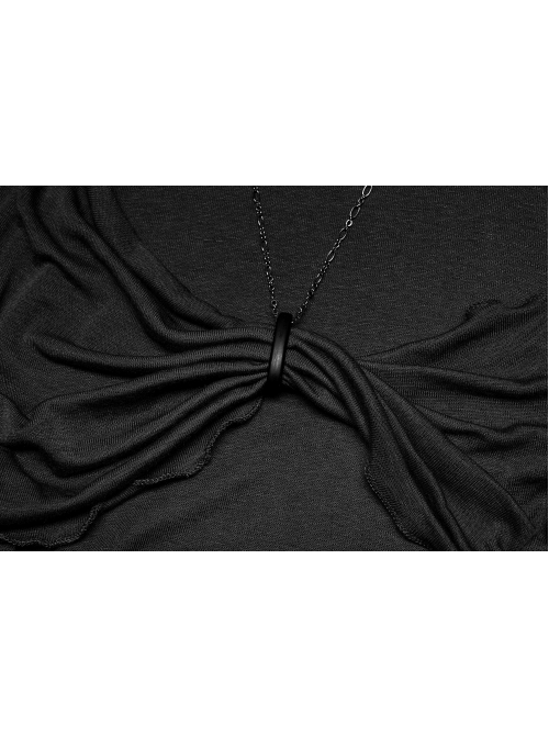 Punk Elasticity Soft Modal Cotton Pleated Asymmetric Butterfly Design Chain Buckle Black Long Sleeve T-Shirt
