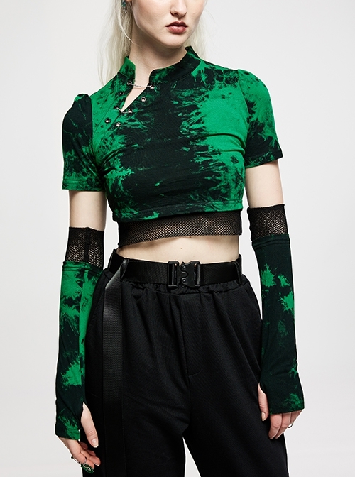Green Personality Tie-Dye Knitting Comfortable Detachable Sleeves Neckline Metal Chain Decoration Short Top