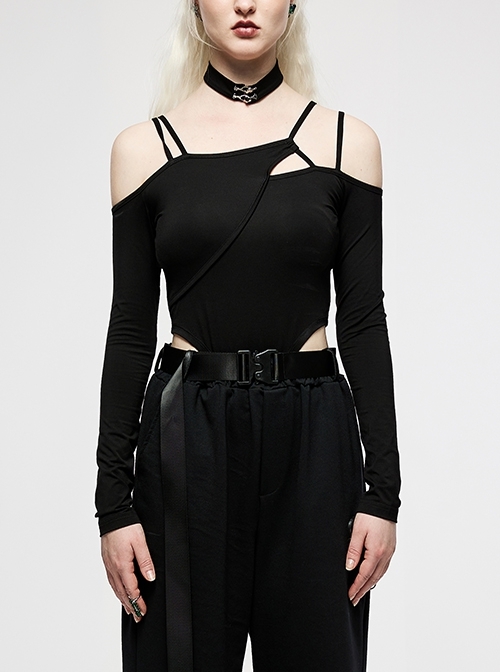 Dark Sexy Irregular Hollow Out Design Personalized Tailoring Black Long-Sleeve Suspenders Jumpsuit