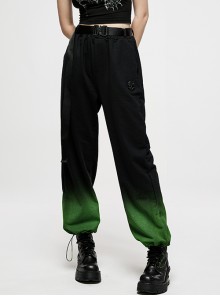 Punk Cotton Casual Loose Gradient Spray Paint Design Detachable Belt Dark Black Green Gradient Overalls