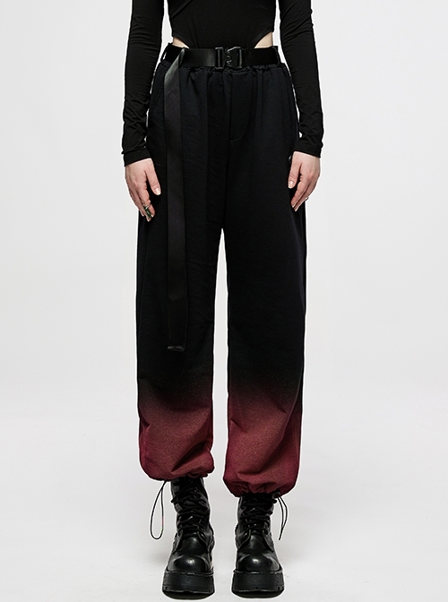 Punk Cotton Casual Loose Gradient Spray Paint Design Detachable Belt Dark Black Red Gradient Overalls