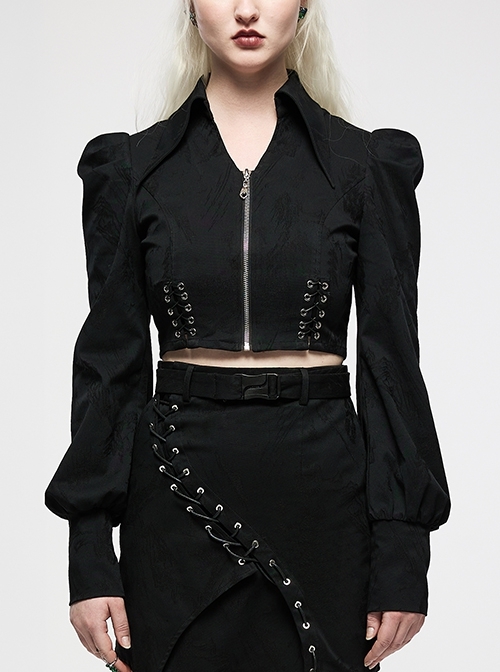 Dark Punk Dark Chinese Style Jacquard Tie Rope Design Bubble Long Sleeves Female Top