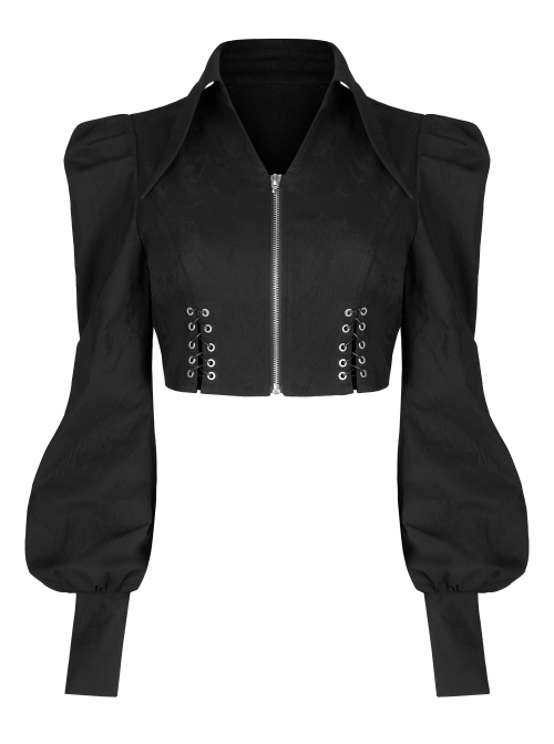 Dark Punk Dark Chinese Style Jacquard Tie Rope Design Bubble Long Sleeves Female Top
