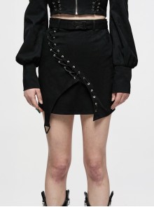 Punk Simple Dark Jacquard Irregular Hem Cross Rope Design Belt Decoration Asymmetric Black Skirt