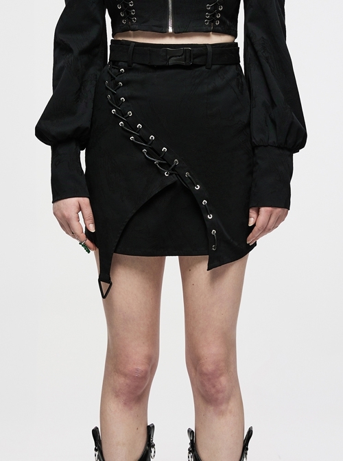 Punk Simple Dark Jacquard Irregular Hem Cross Rope Design Belt Decoration Asymmetric Black Skirt
