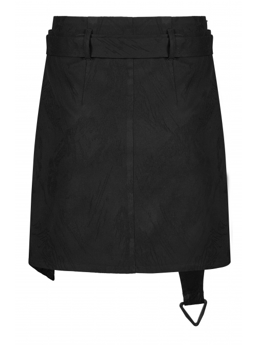 Punk Simple Dark Jacquard Irregular Hem Cross Rope Design Belt Decoration Asymmetric Black Skirt