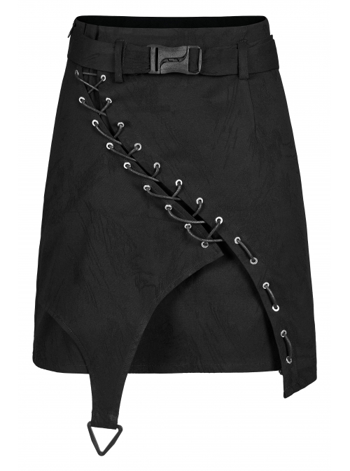 Punk Simple Dark Jacquard Irregular Hem Cross Rope Design Belt Decoration Asymmetric Black Skirt