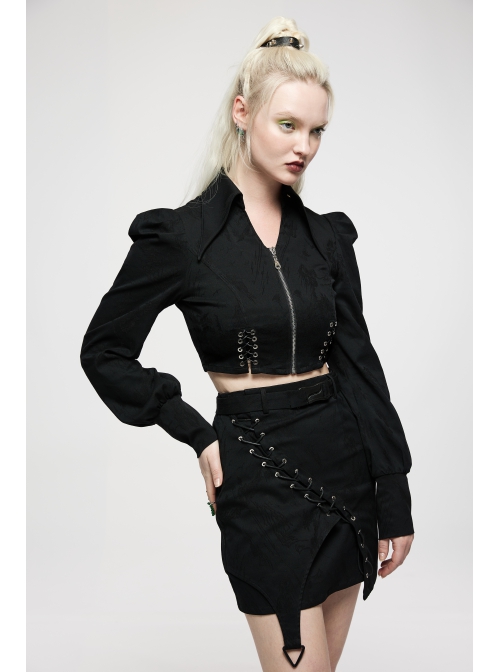 Punk Simple Dark Jacquard Irregular Hem Cross Rope Design Belt Decoration Asymmetric Black Skirt