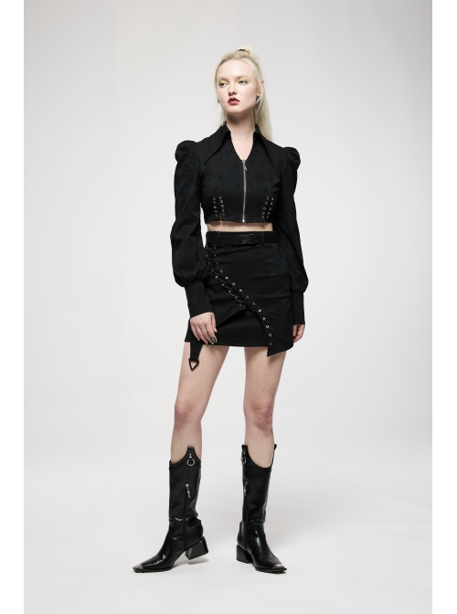 Punk Simple Dark Jacquard Irregular Hem Cross Rope Design Belt Decoration Asymmetric Black Skirt