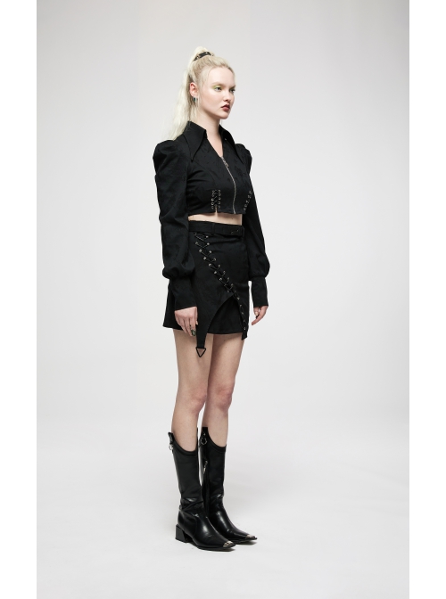 Punk Simple Dark Jacquard Irregular Hem Cross Rope Design Belt Decoration Asymmetric Black Skirt
