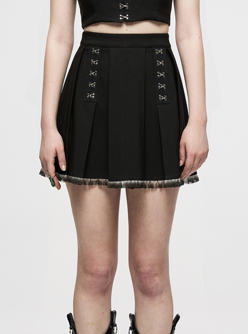 Dark Gradient Lace Trim At Hem Double-Breasted Metal Buckle Pleated Punk Black Female Skirt