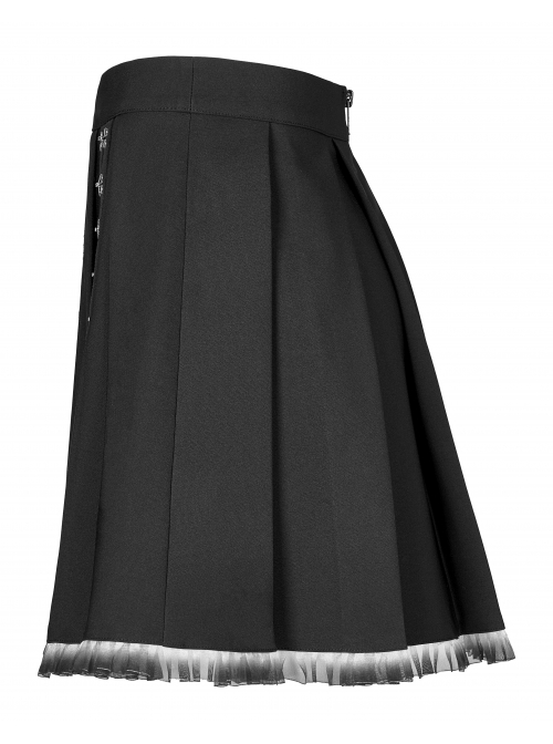 Dark Gradient Lace Trim At Hem Double-Breasted Metal Buckle Pleated Punk Black Female Skirt