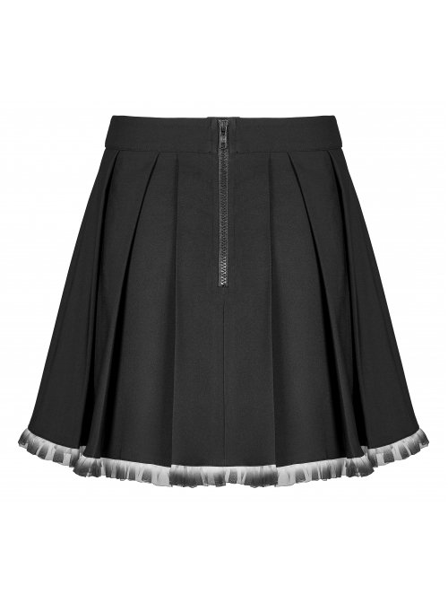 Dark Gradient Lace Trim At Hem Double-Breasted Metal Buckle Pleated Punk Black Female Skirt
