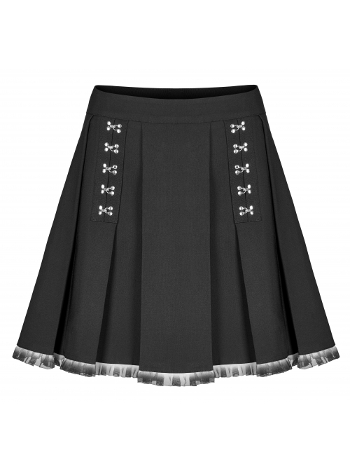 Dark Gradient Lace Trim At Hem Double-Breasted Metal Buckle Pleated Punk Black Female Skirt