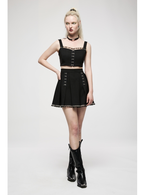 Dark Gradient Lace Trim At Hem Double-Breasted Metal Buckle Pleated Punk Black Female Skirt