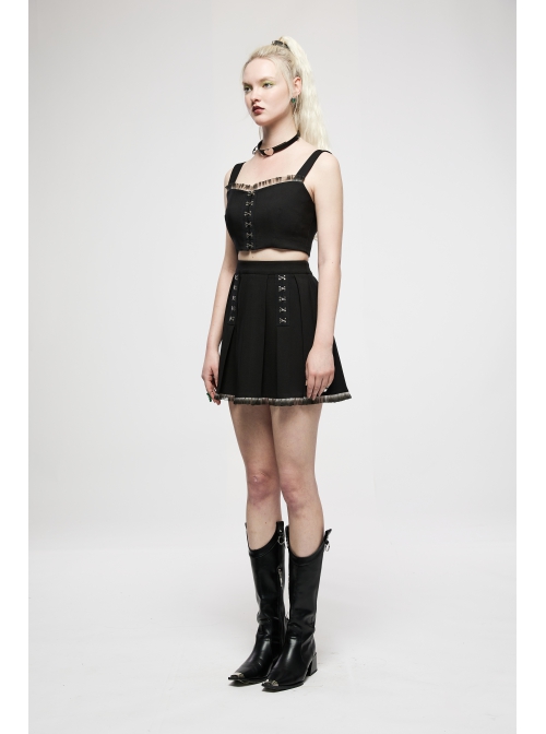 Dark Gradient Lace Trim At Hem Double-Breasted Metal Buckle Pleated Punk Black Female Skirt