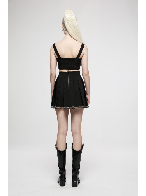 Dark Gradient Lace Trim At Hem Double-Breasted Metal Buckle Pleated Punk Black Female Skirt
