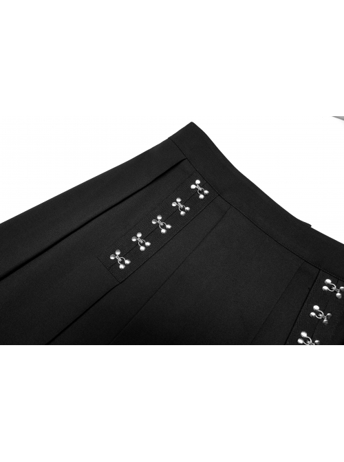 Dark Gradient Lace Trim At Hem Double-Breasted Metal Buckle Pleated Punk Black Female Skirt