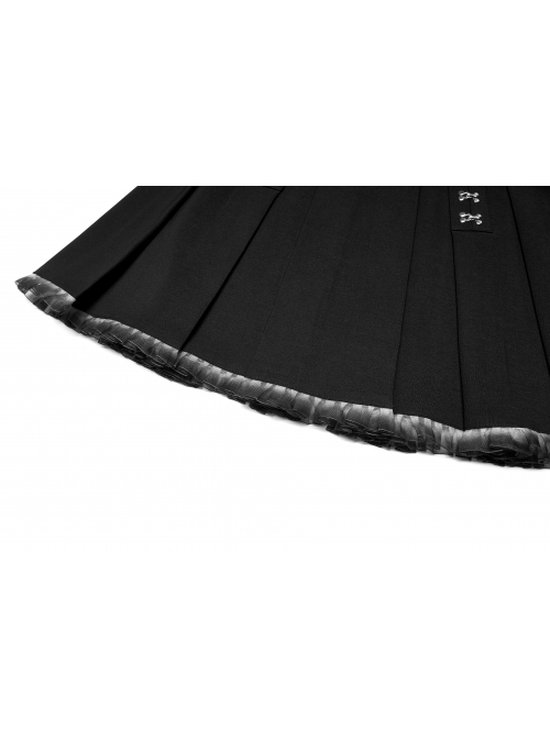 Dark Gradient Lace Trim At Hem Double-Breasted Metal Buckle Pleated Punk Black Female Skirt