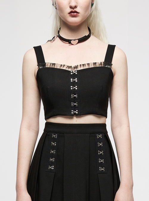 Punk Dark Slim Fit Knitting Gradient Lace Crinkle Metal Buckle Decoration Short Top