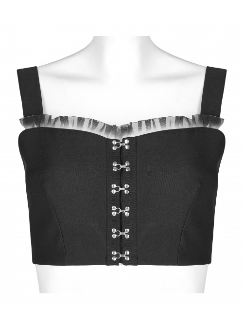 Punk Dark Slim Fit Knitting Gradient Lace Crinkle Metal Buckle Decoration Short Top
