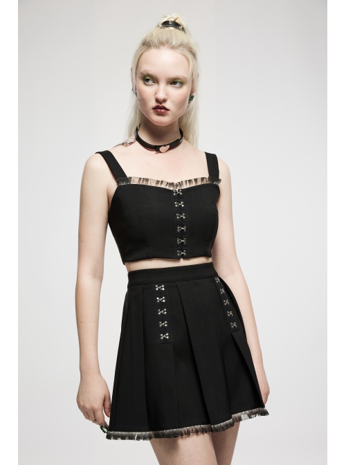 Punk Dark Slim Fit Knitting Gradient Lace Crinkle Metal Buckle Decoration Short Top