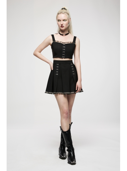 Punk Dark Slim Fit Knitting Gradient Lace Crinkle Metal Buckle Decoration Short Top