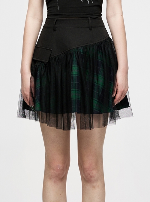 Punk Cotton Splicing Mesh Dark Green Plaid Personalized Pocket Decoration Waist Short Skirt