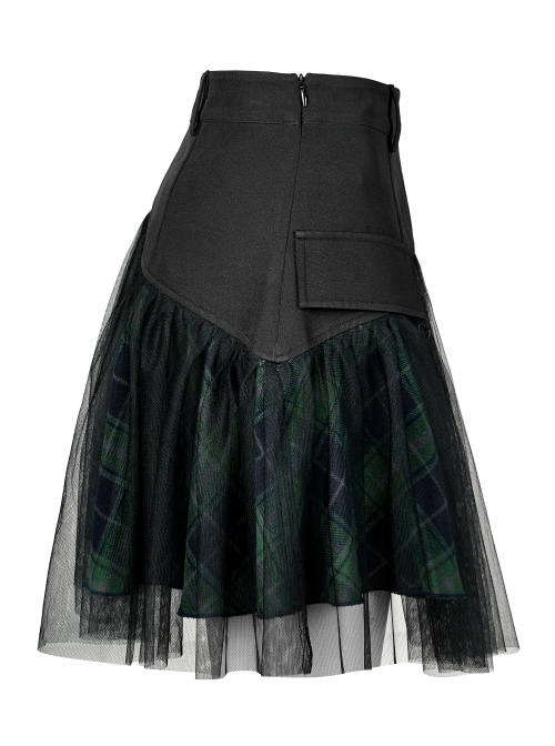 Punk Cotton Splicing Mesh Dark Green Plaid Personalized Pocket Decoration Waist Short Skirt