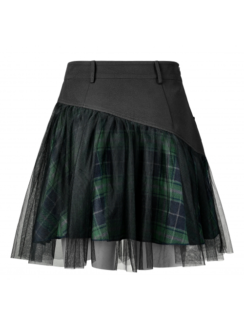 Punk Cotton Splicing Mesh Dark Green Plaid Personalized Pocket Decoration Waist Short Skirt