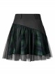Punk Cotton Splicing Mesh Dark Green Plaid Personalized Pocket Decoration Waist Short Skirt