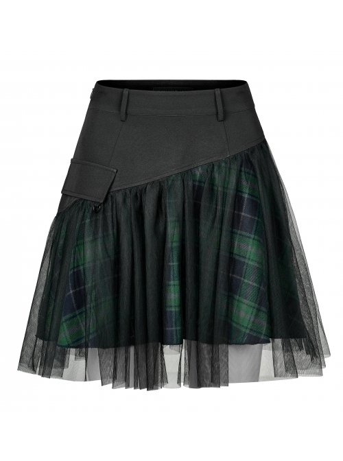Punk Cotton Splicing Mesh Dark Green Plaid Personalized Pocket Decoration Waist Short Skirt