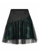 Punk Cotton Splicing Mesh Dark Green Plaid Personalized Pocket Decoration Waist Short Skirt
