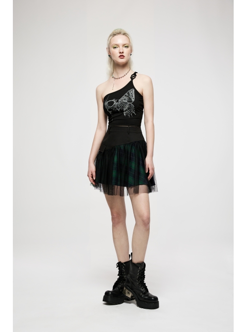 Punk Cotton Splicing Mesh Dark Green Plaid Personalized Pocket Decoration Waist Short Skirt