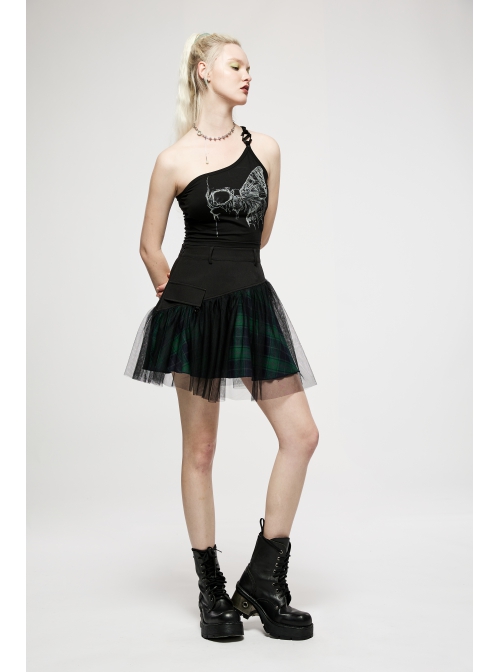 Punk Cotton Splicing Mesh Dark Green Plaid Personalized Pocket Decoration Waist Short Skirt