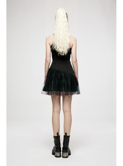Punk Cotton Splicing Mesh Dark Green Plaid Personalized Pocket Decoration Waist Short Skirt