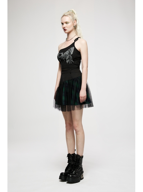 Punk Cotton Splicing Mesh Dark Green Plaid Personalized Pocket Decoration Waist Short Skirt