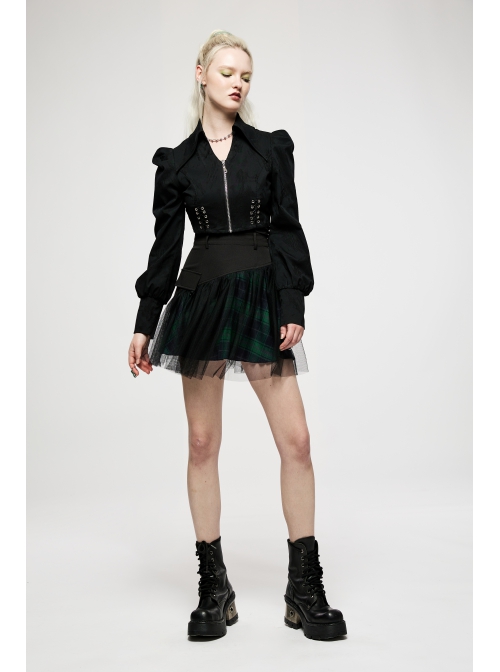Punk Cotton Splicing Mesh Dark Green Plaid Personalized Pocket Decoration Waist Short Skirt