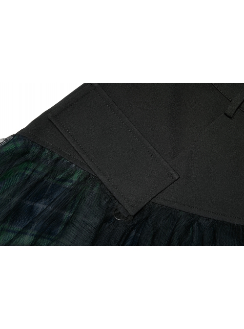 Punk Cotton Splicing Mesh Dark Green Plaid Personalized Pocket Decoration Waist Short Skirt