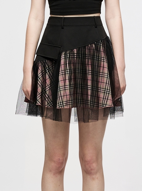 Punk Cotton Splicing Mesh Sweet Pink Plaid Personalized Pocket Decoration Waist Short Skirt