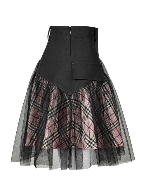 Punk Cotton Splicing Mesh Sweet Pink Plaid Personalized Pocket Decoration Waist Short Skirt