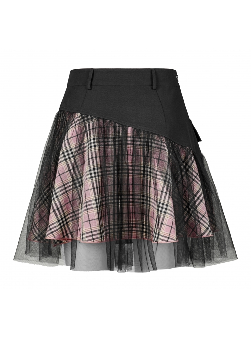 Punk Cotton Splicing Mesh Sweet Pink Plaid Personalized Pocket Decoration Waist Short Skirt
