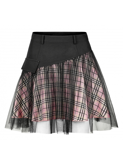 Punk Cotton Splicing Mesh Sweet Pink Plaid Personalized Pocket Decoration Waist Short Skirt