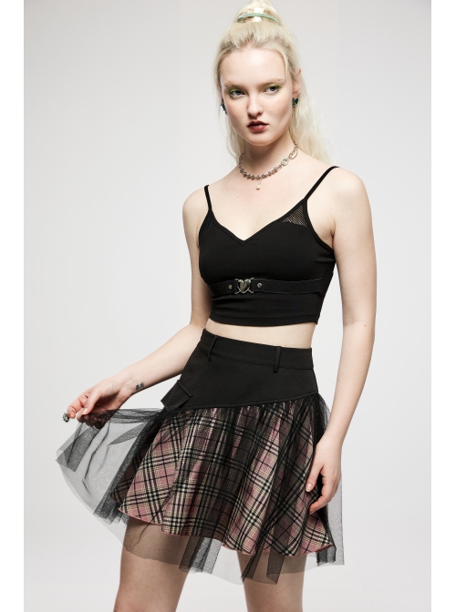 Punk Cotton Splicing Mesh Sweet Pink Plaid Personalized Pocket Decoration Waist Short Skirt